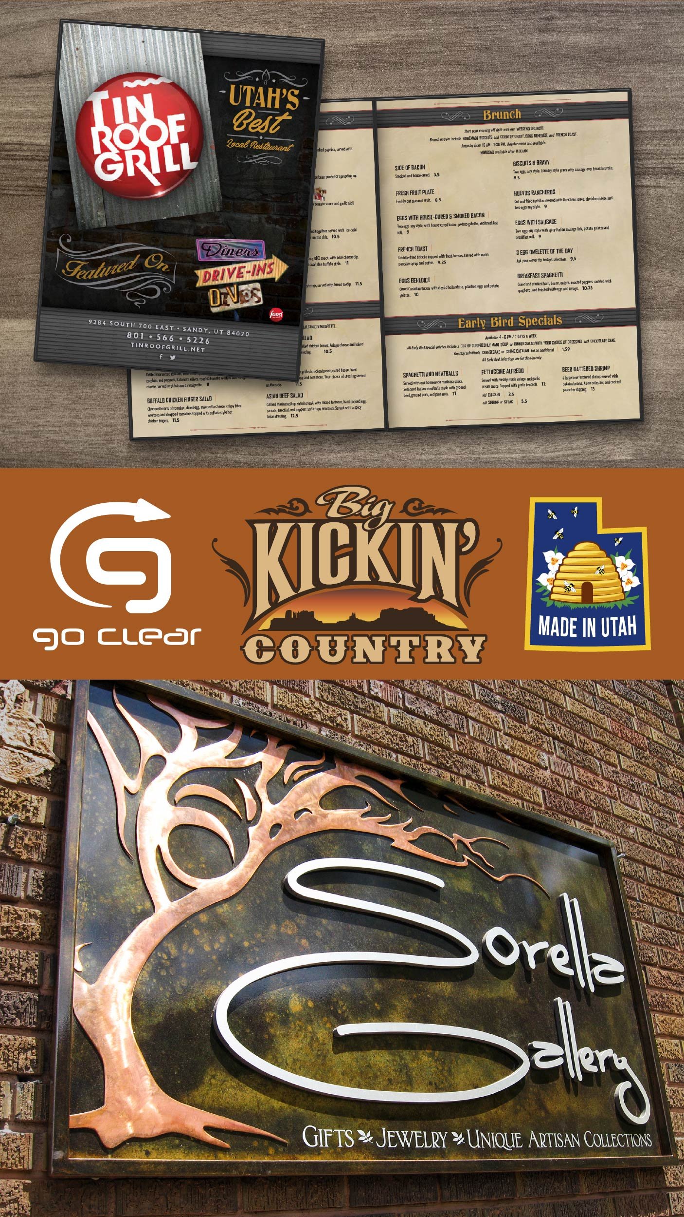 A collage of logos and identity designs including a restaurant menu and storefront building sign all created by Rob Covington.