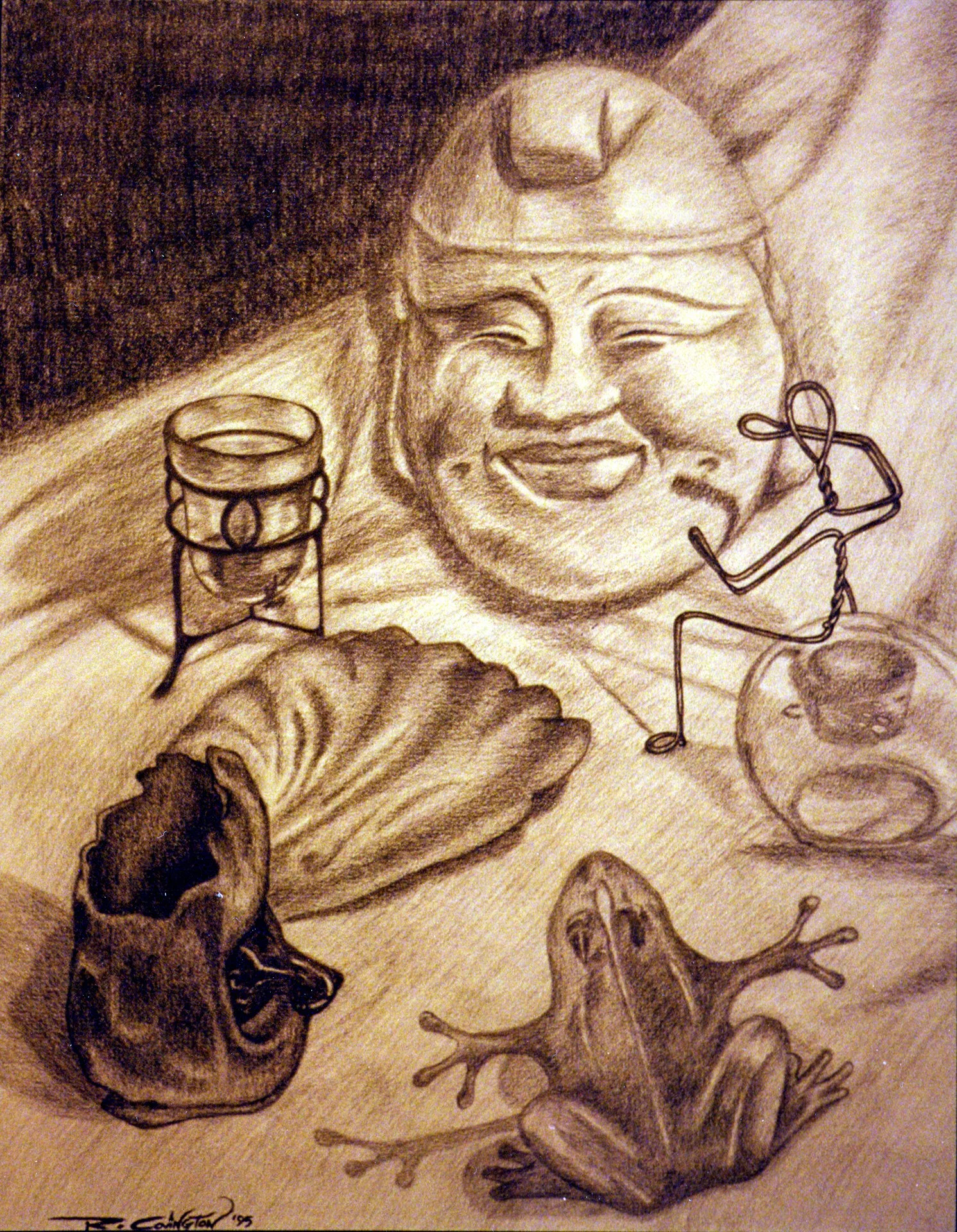 A still life drawing by Rob Covington of a Buddha mask surrounded by enlightenment seekers there's a frog, a wire bent into a sitting man, a seashell, a candle and a sculpted face mug.