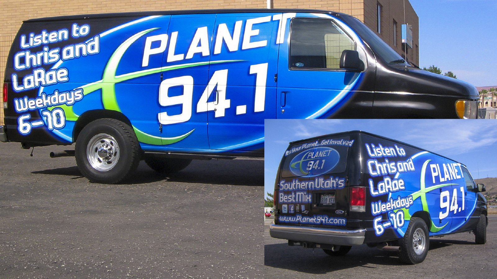 Outdoor advertising vehicle wrap and logo design for Planet Radio created by Rob Covington