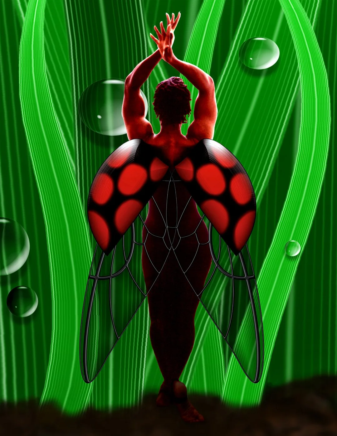 Ladybug Fairy digital painting by Rob Covington of a female body builder stretching her ladybug wings with blades of grass behind her