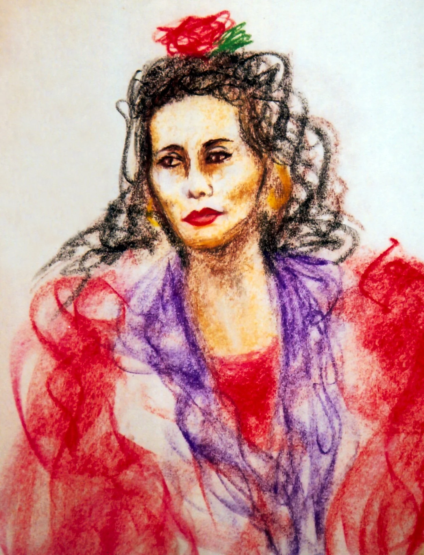 Quick gesture drawing of a Flamenco Dancer model using colored charcoal, focusing on movement and costume flow. by Rob Covington