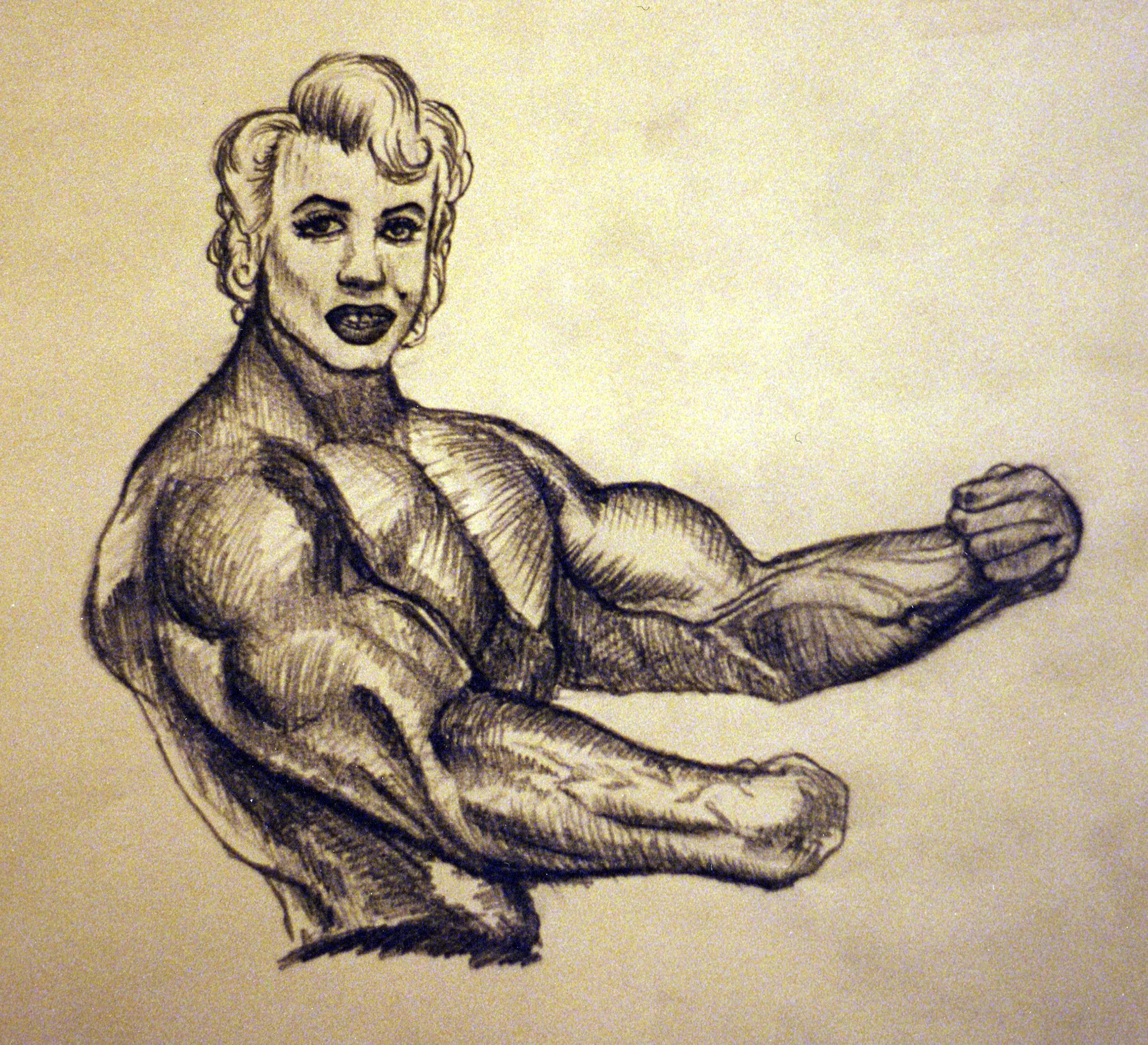 A gender study charcoal drawing by Rob Covington of Arnold Schwarzenegger's body with Marilyn Monroe's head.  