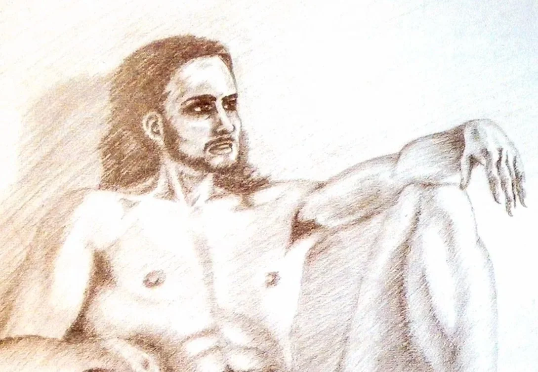 A self portrait drawing by Rob Covington using graphite and a mirror.