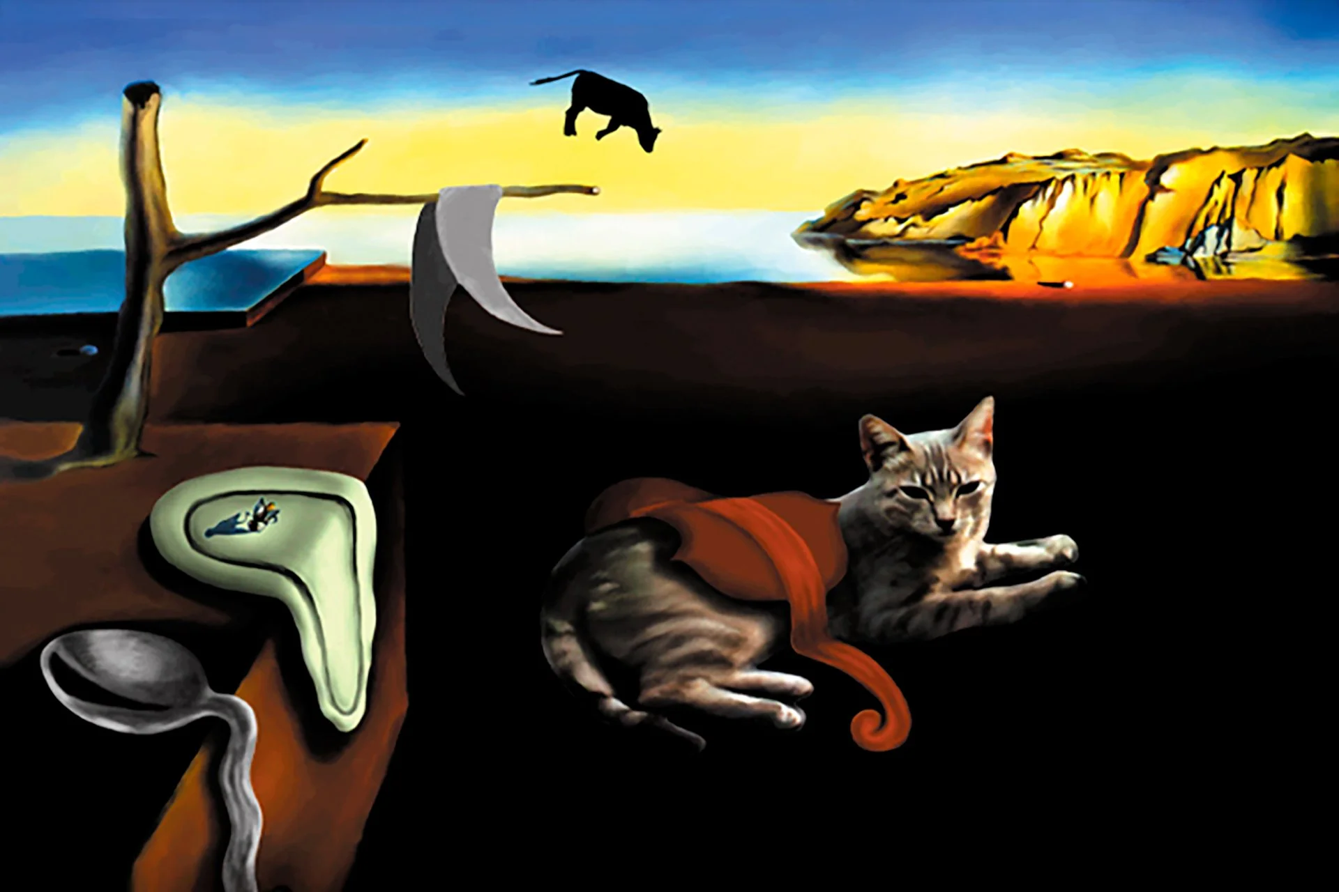 A master study digital painting of Salvador Dali's Persistence of Memory in the theme of the Hey Diddle Diddle nursery rhyme.