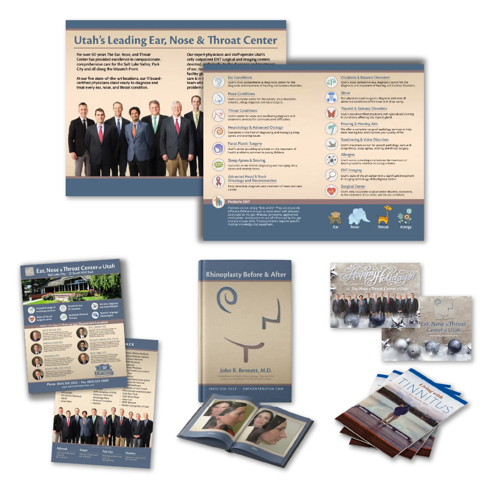 Collage of print design for Utah Ear Nose & Throat created by Rob Covington