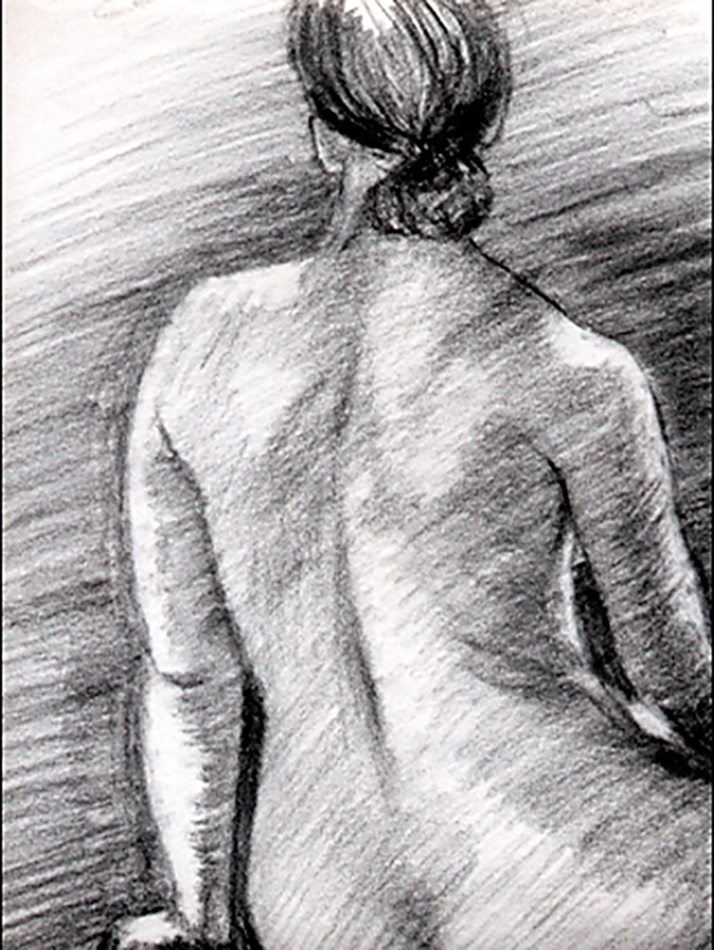 Charcoal drawing by Rob Covington of a woman's back created in a live figure drawing class