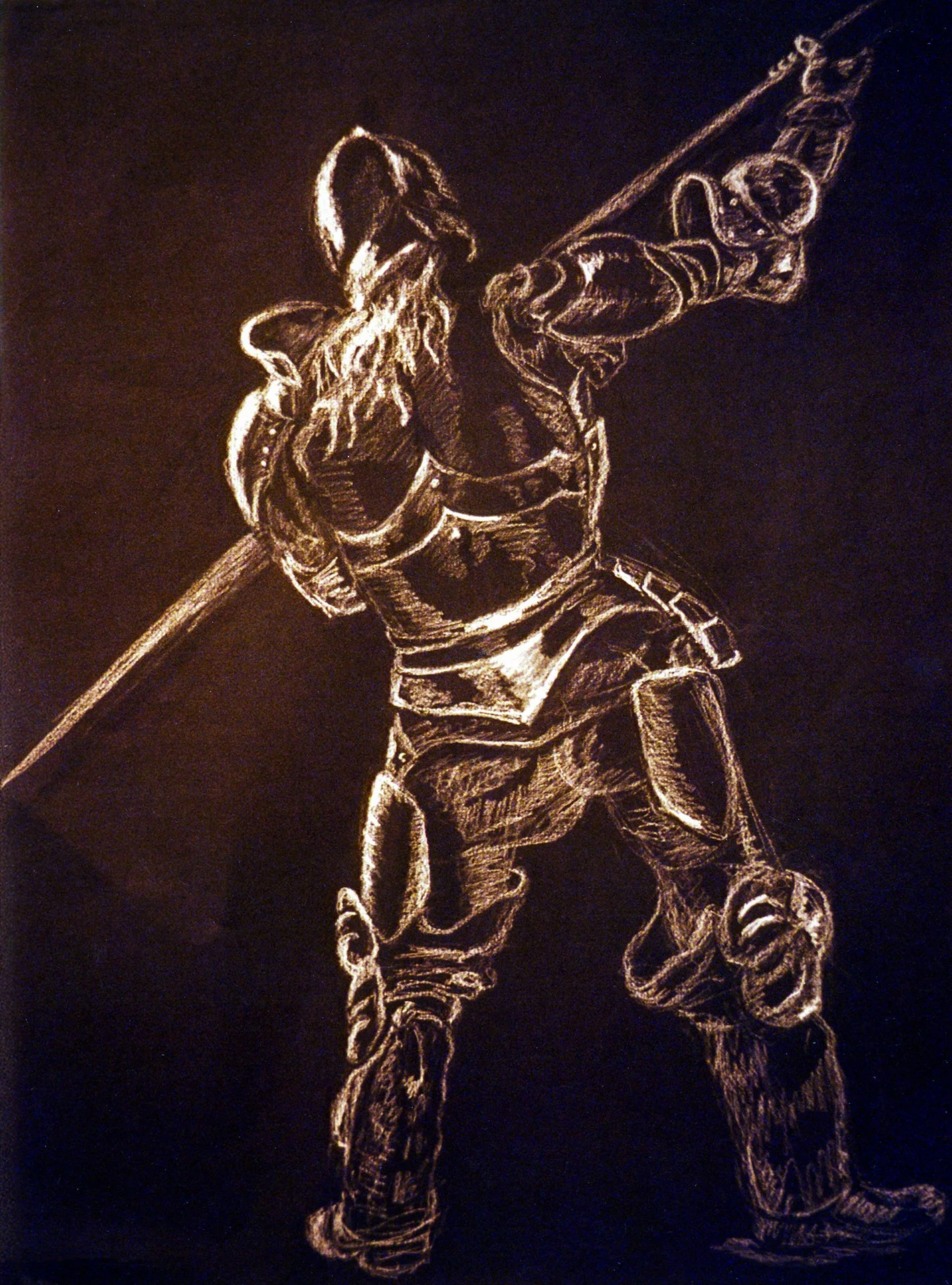 Live figure drawing of a knight in full armor using white charcoal on black paper by Rob Covington