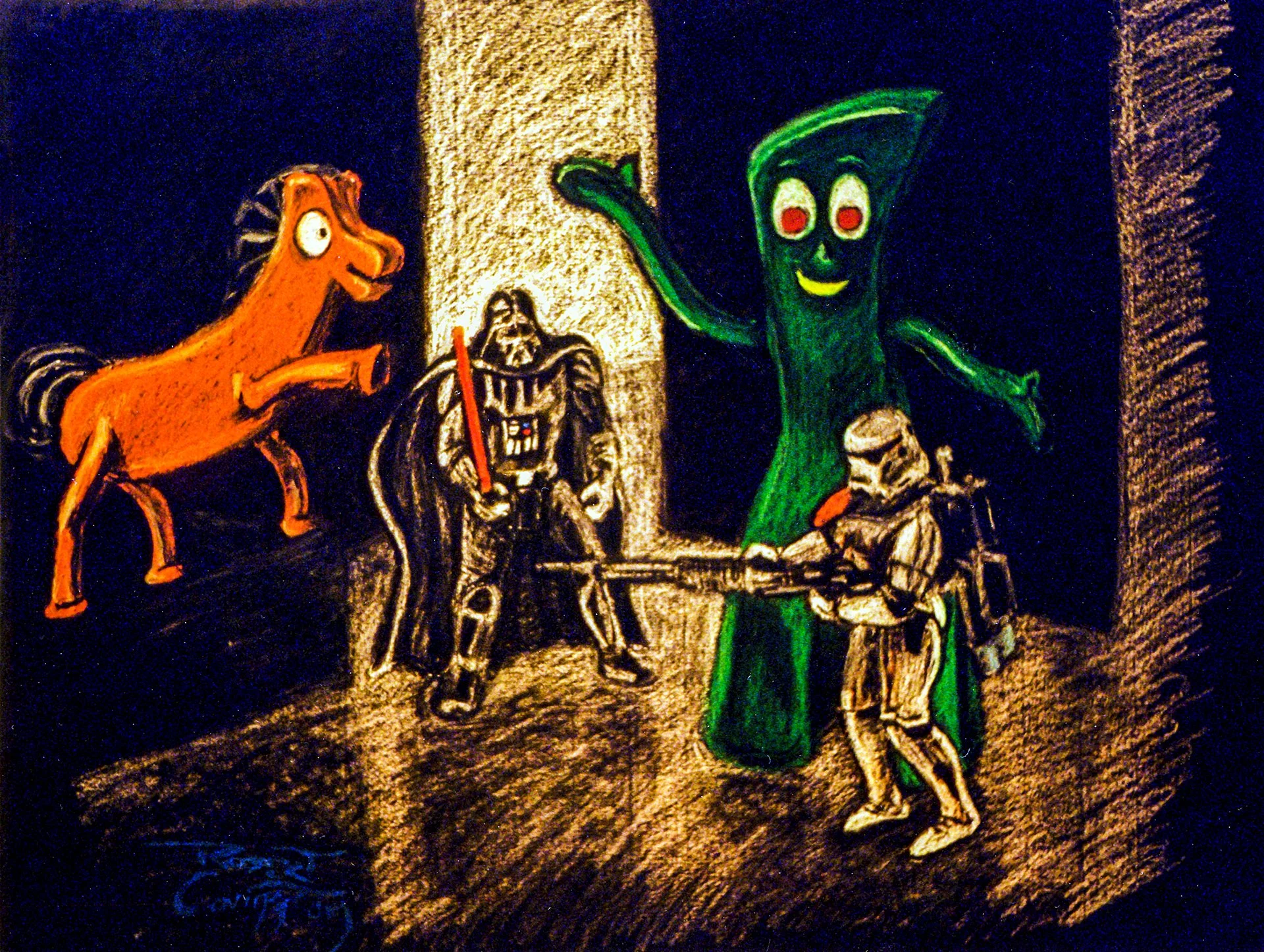 A still life drawing with pastel crayons by Rob Covington of Gumby and Pokey battling Darth Vader and a Stormtrooper.
