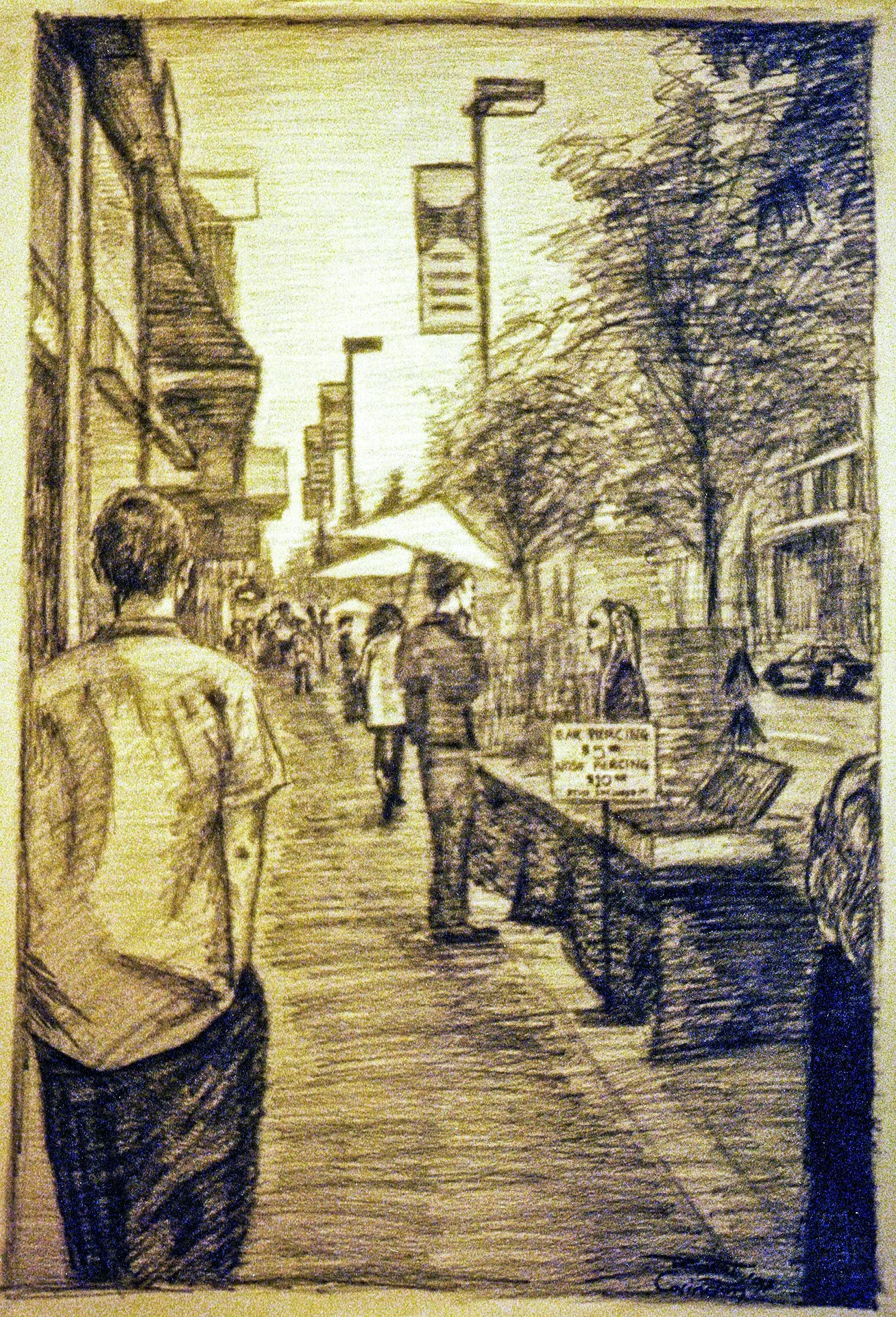 Charcoal drawing of Telegraph Avenue in Berkeley, showing street vendors and diverse people, emphasizing urban energy by Rob Covington