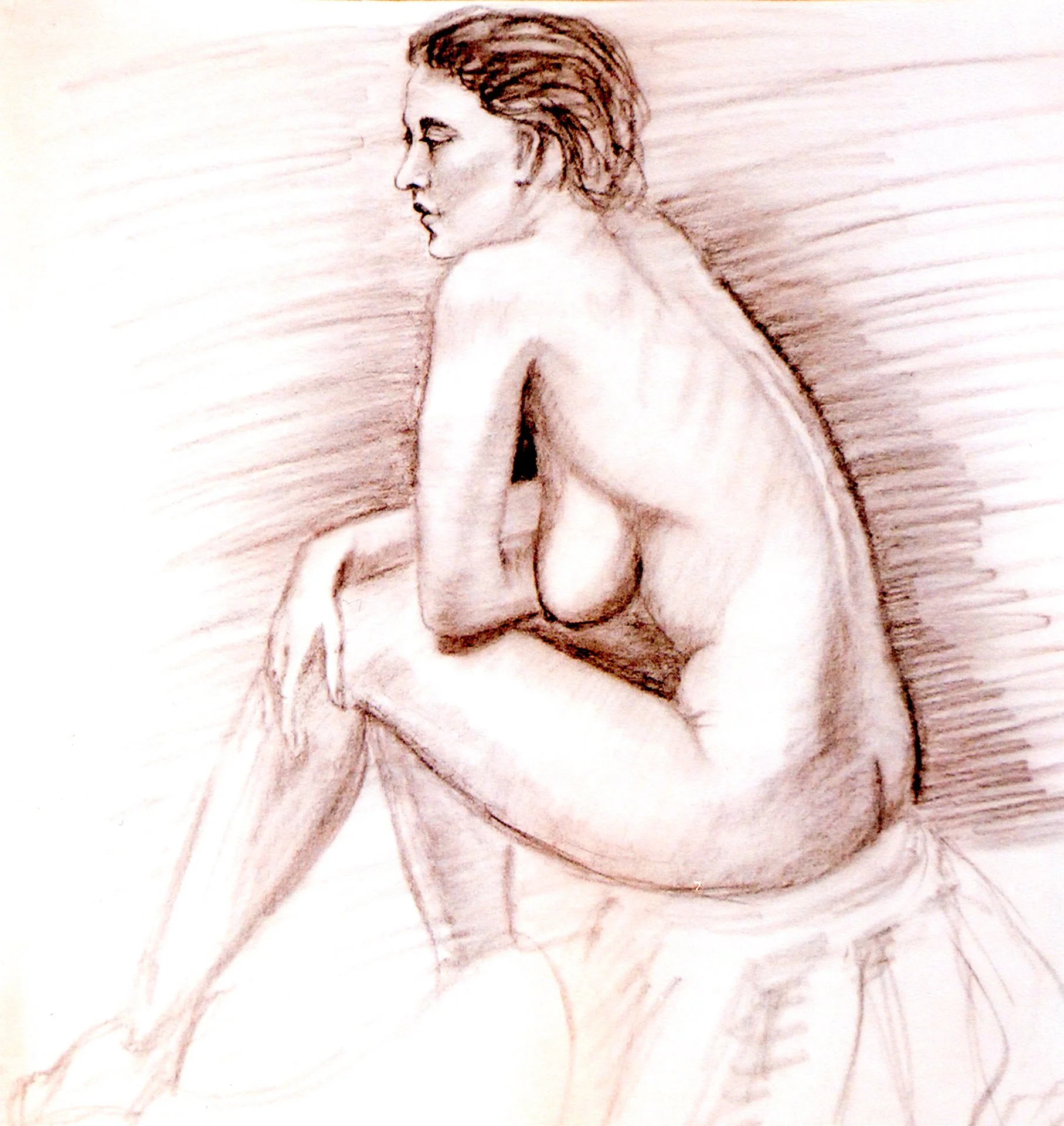 A live figure drawing of a nude woman sitting by Rob Covington.