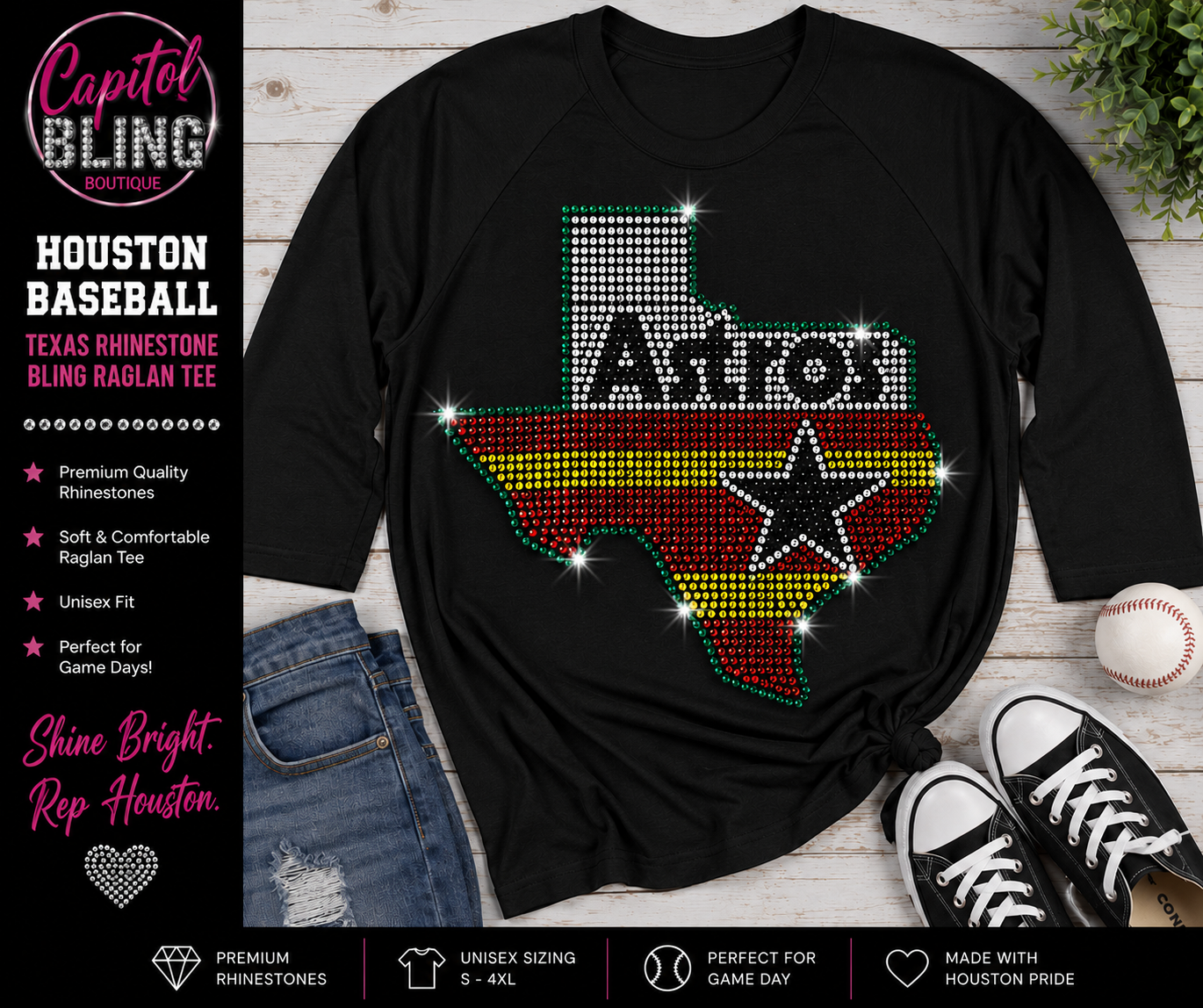 Houston Baseball Texas Rhinestone Tri Bling Tee