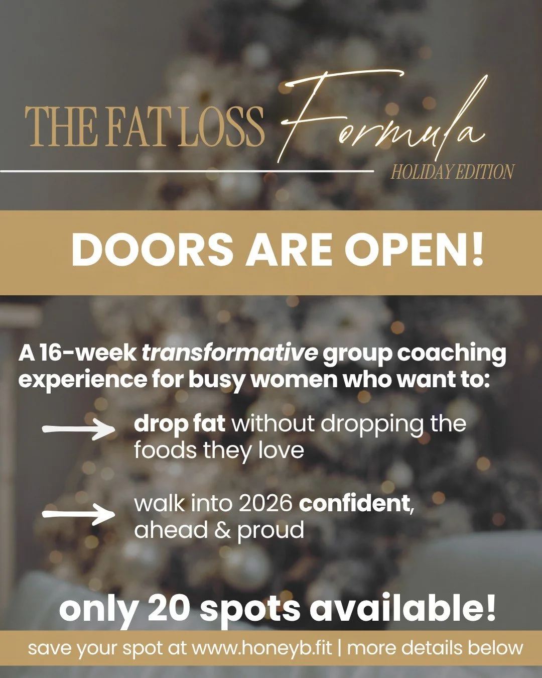 DOORS ARE OPEN 🎉

This is your chance to stop starting over every January.

The Fat Loss Formula: Holiday Edition is officially open!

👉 A 16-week group coaching experience for busy women who want to drop fat, build consistency, and actually enjoy 