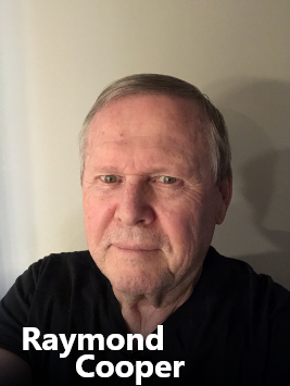 Close-up photograph of a man with short gray hair and light skin, wearing a black shirt, standing against a plain light-colored wall. The text 'Raymond Cooper' is written in white at the bottom of the image.