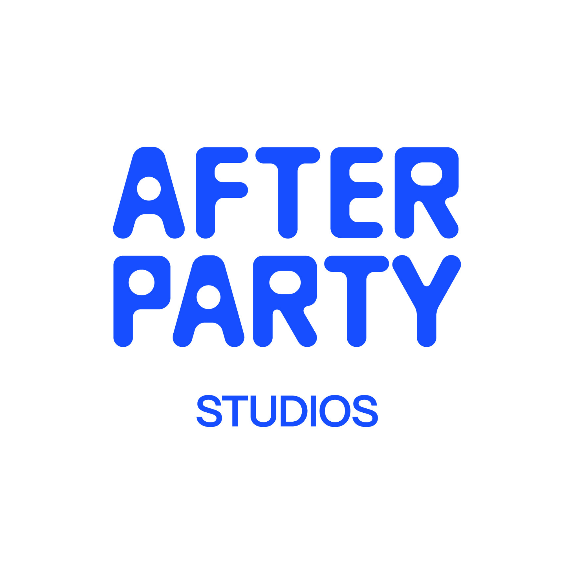 after party logo blue lettering on white background