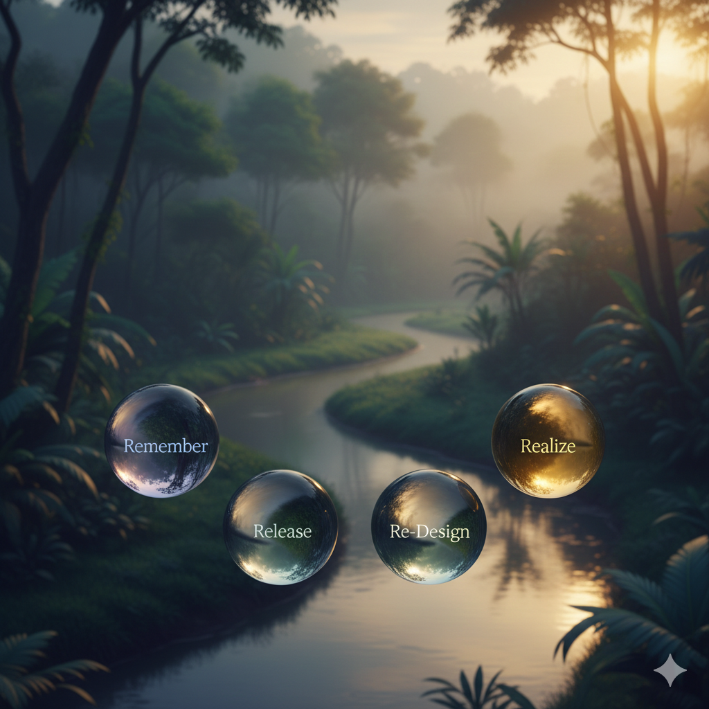 Image shows My Approach: Remember, Release, Re-Design, Realize. the image shows a river in the jungle curving towards the light in a dawn setting. it symbolizes our path towards the light, freeing us from conditioning and fears .