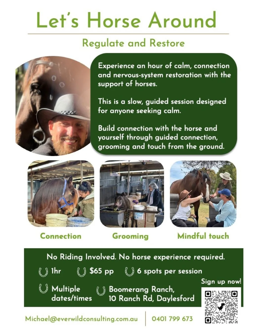 An hour of calm, connection and nervous system restoration &mdash; with horses.

Regulate &amp; Restore is a slow, guided session at Boomerang Ranch in Daylesford. You'll build connection with the horse through grooming, touch and guided regulation f