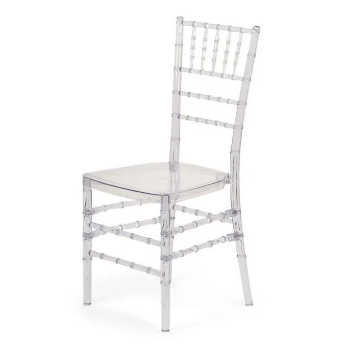 A transparent acrylic or plastic chair with a high backrest and decorative horizontal bars.