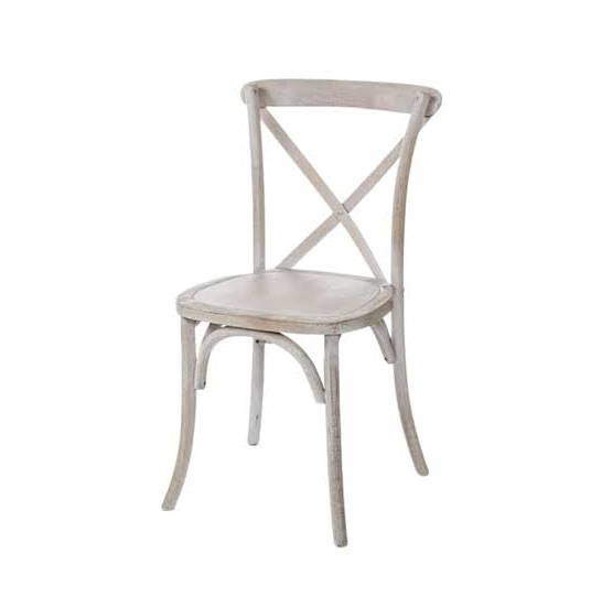 White wooden dining chair with a curved backrest, cross-back design, and four legs.