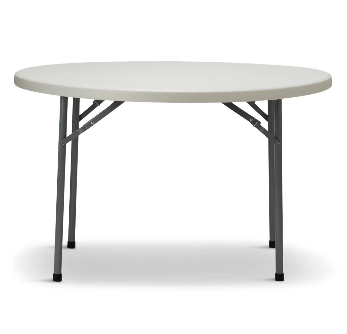 Folding table with a white round top and gray metal legs.