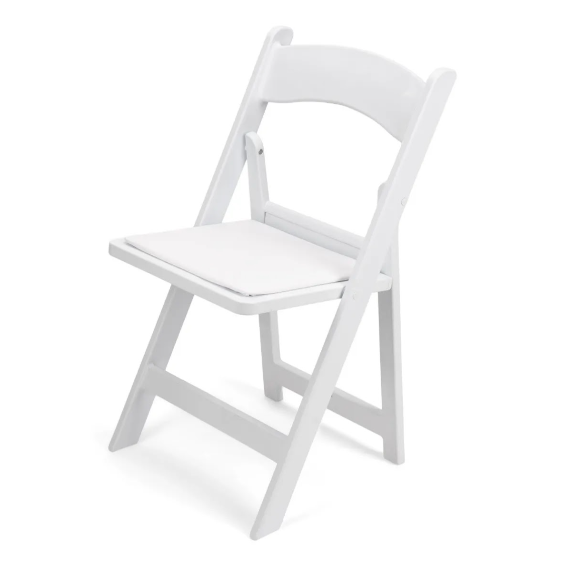 White folding chair with padded seat, made of wood, on a plain white background.