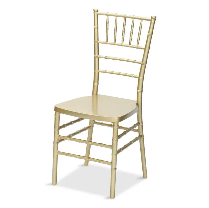 Gold-colored Chiavari style chair with a high back and slatted design