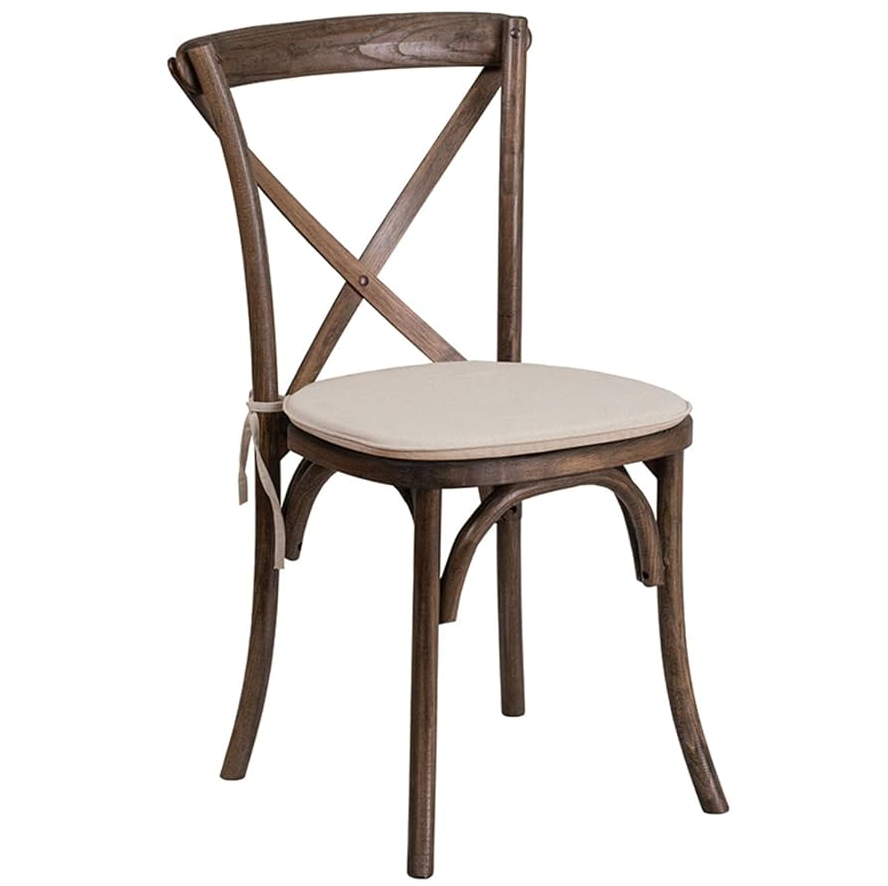 Wooden dining chair with a cross-back design and beige cushioned seat.