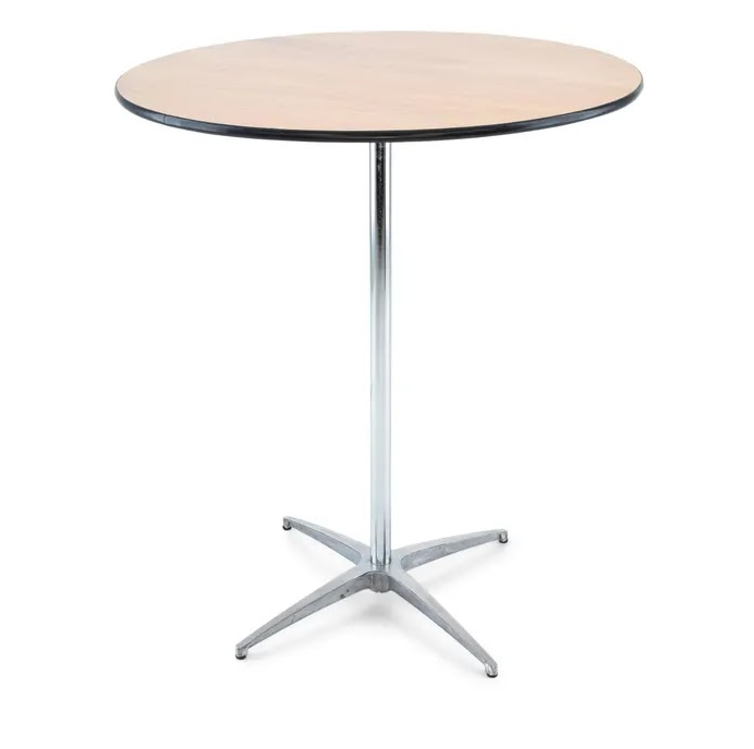 Round table with a wooden top and metal pedestal base