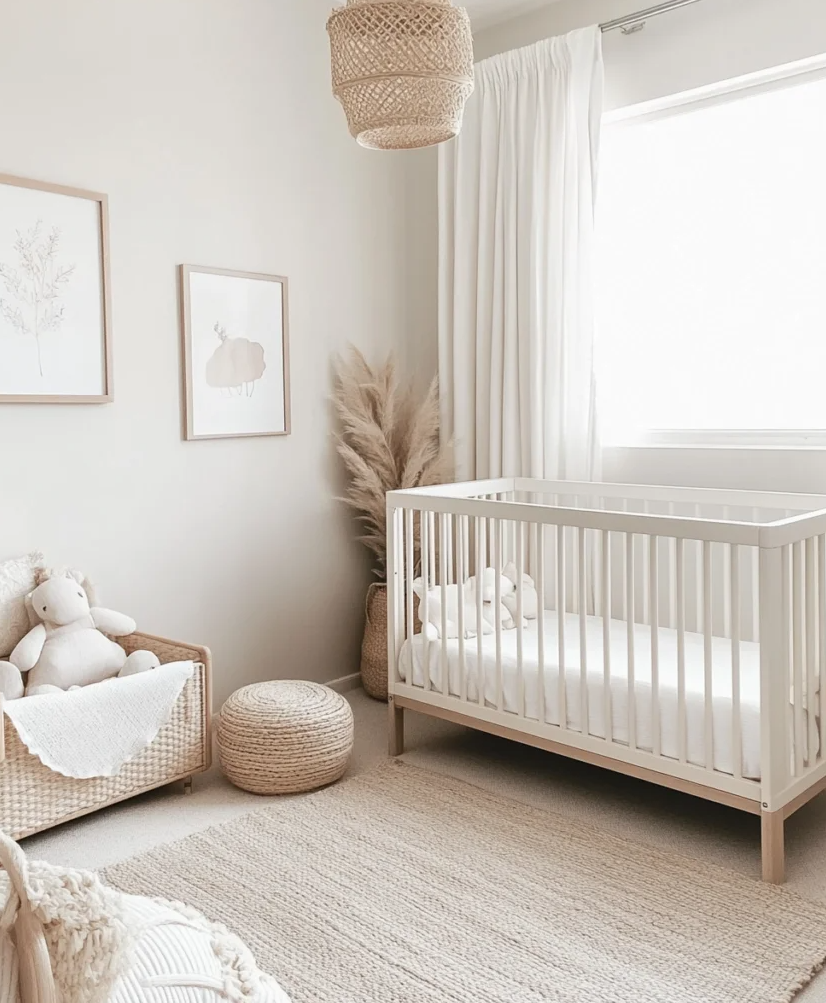 Habitación infantil decorada en tonos neutros con cuna, lámpara de ratán, dibujos enmarcados en la pared, osito de peluche en un sillón, cortinas blancas y plantas secas decorativas.