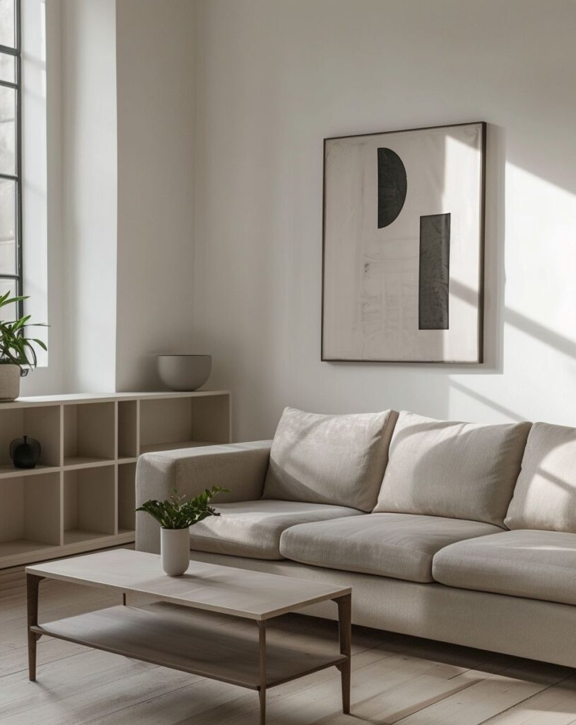 Sala de estar con sofá beige, mesa de centro de madera, valla con plantas, cuadro abstracto en la pared y luz natural que entra por una ventana.