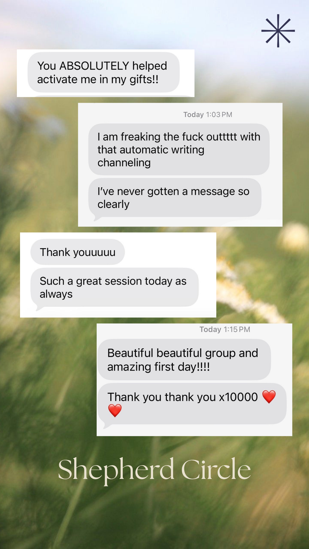 A screenshot of a WhatsApp conversation with positive feedback about a group session, overlaid on a nature background with the text "Shepherd Circle" at the bottom.