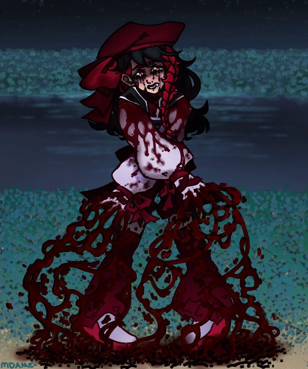 Depiction of my OC, Eve as &ldquo;HARE&rdquo; - This is an AU called the, &ldquo;Bad End Era&rdquo; where in Eve (they/them) is contracted to work with the villain instead. They naively begin to preform the forbidden act of necromancy, in order to br