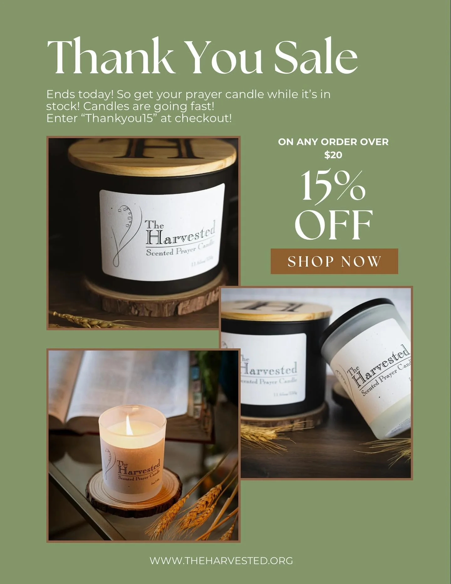 ⏳ It&rsquo;s the LAST day!
15% off your order over $20 &mdash; our thank you gift to you 
Ends tonight! 🎉
Use code THANKYOU15 at checkout
Excited to package your order soon 🥰