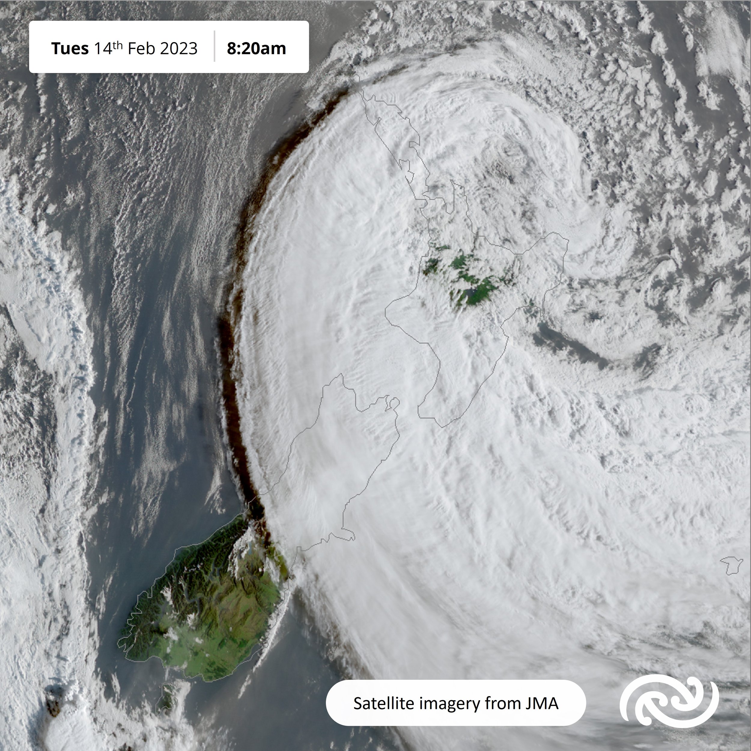 A satellite image of Aotearoa, with a wide sweep of white cloud covering most of the country, originating from east of Auckland. The timestamp reads "Tues 14th Feb 2023 8:20AM"