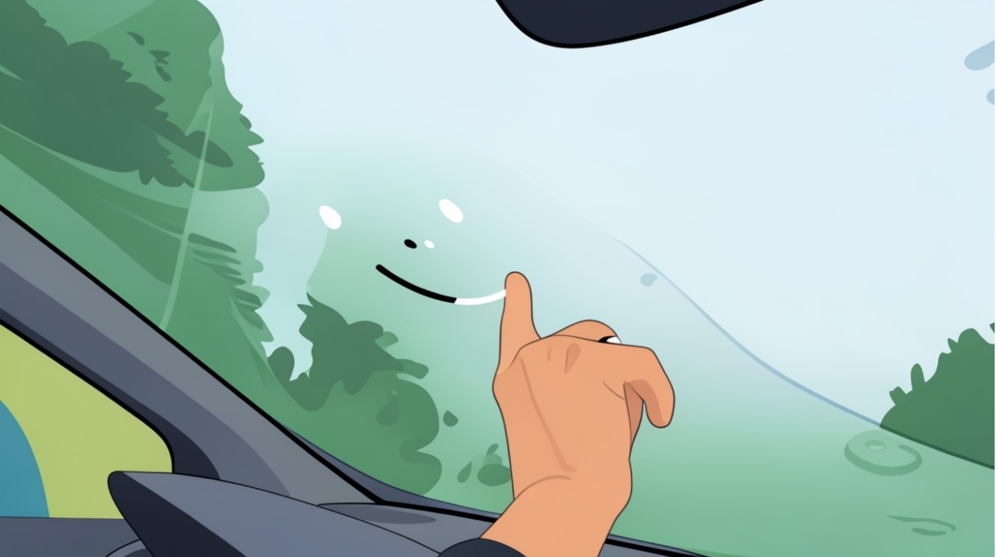 A cartoon image of a hand partway through drawing a smiley face on the inside of a foggy car windshield.