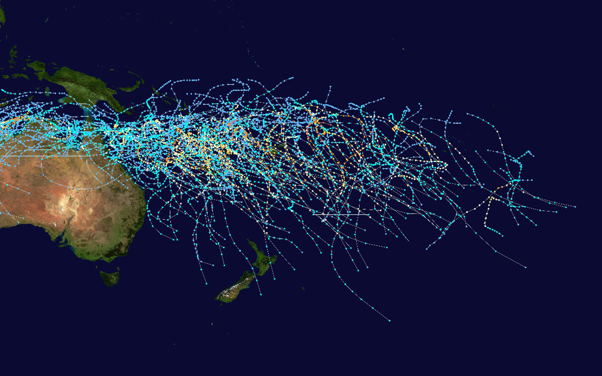 A map of the south Pacific, with a large number of coloured lines covering the region between around 5S and 45S.