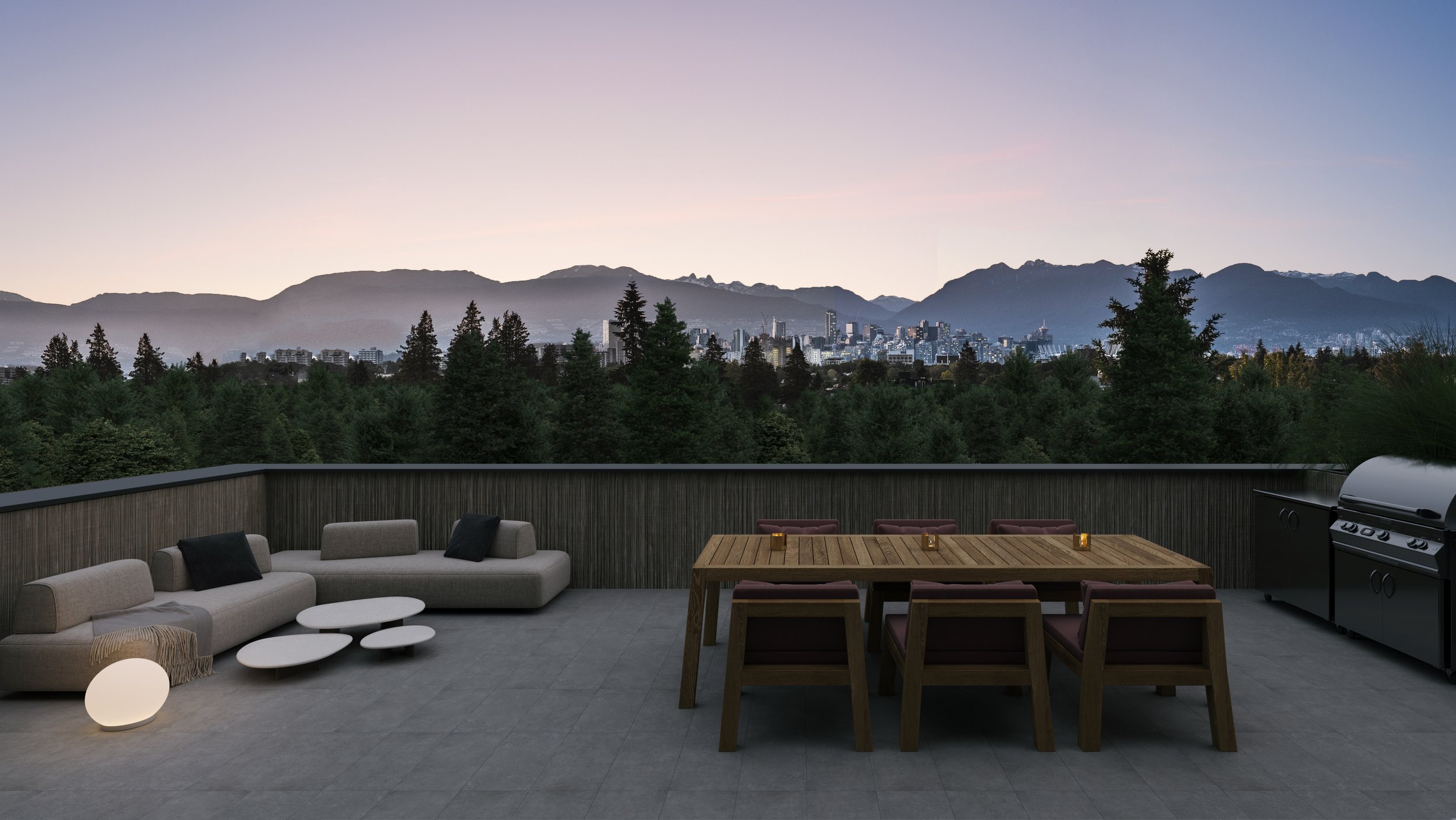 Rooftop patio with modern furniture, including a sofa, coffee tables, dining table with chairs, and a grill, overlooking a scenic view of mountains and a city at sunset.