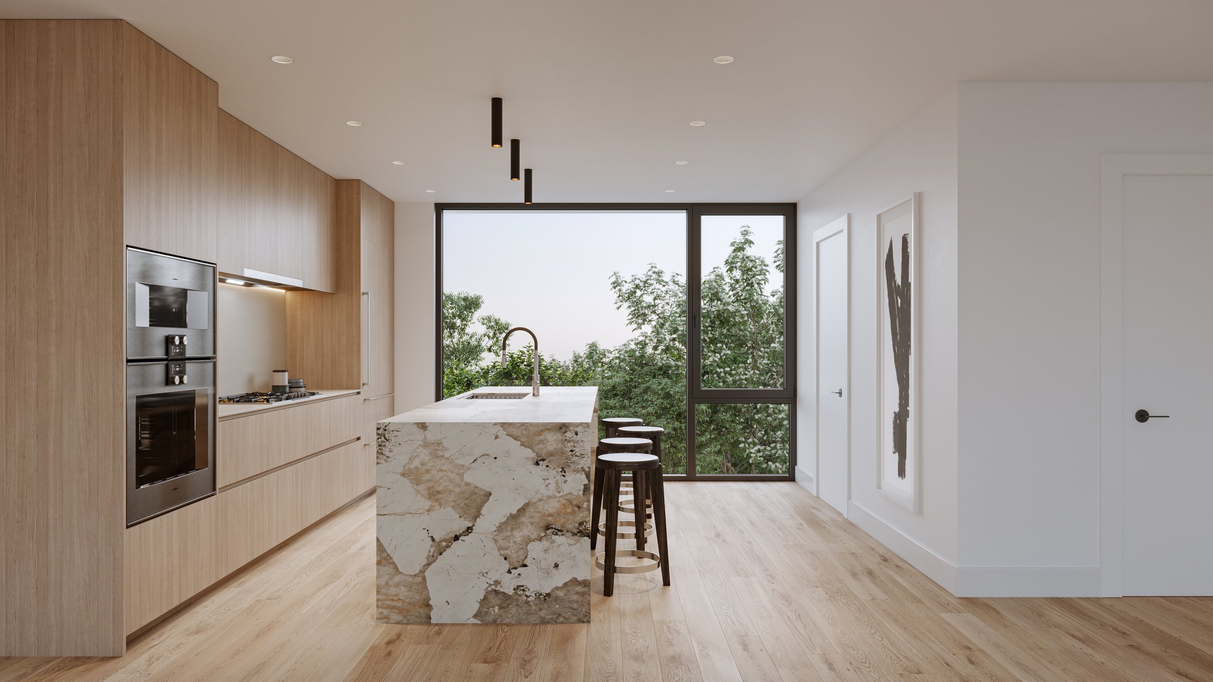 Modern kitchen with wood cabinetry, marble island, stools, built-in oven, and large window with tree view.