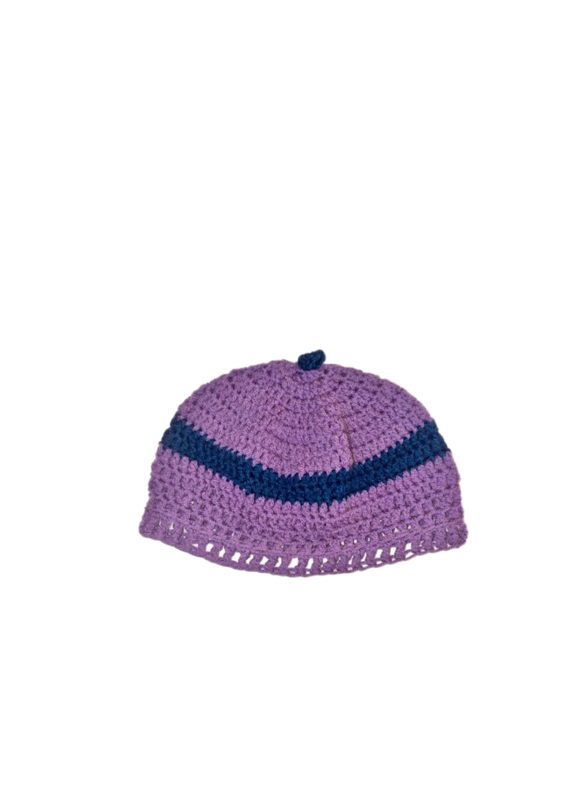 Purple crocheted beanie hat with a dark blue stripe and a small dark blue pom-pom on top.