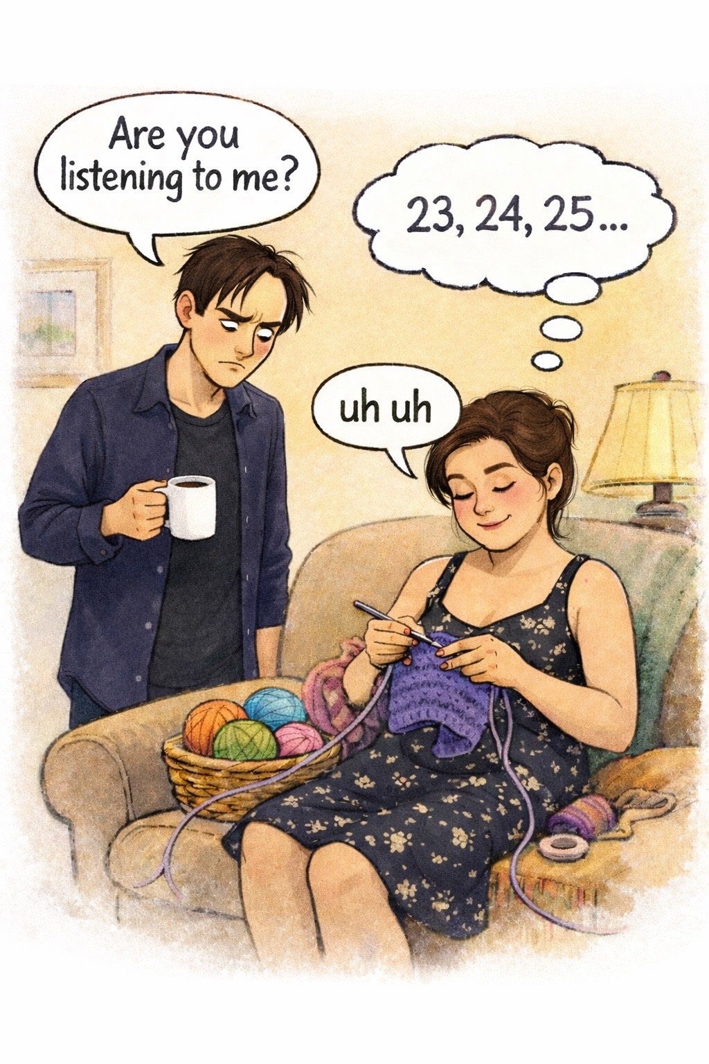 Illustrated crochet wife comic about losing stitch count during a conversation.