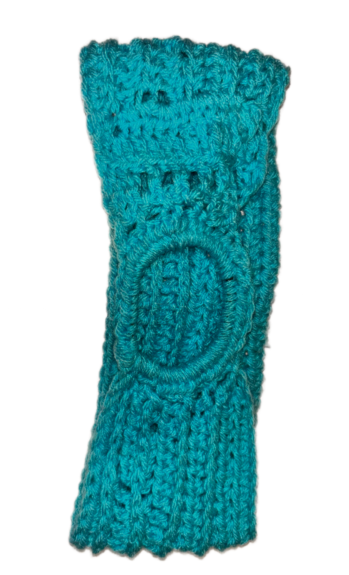 A close-up of a bright turquoise knitted mitten with a textured pattern.