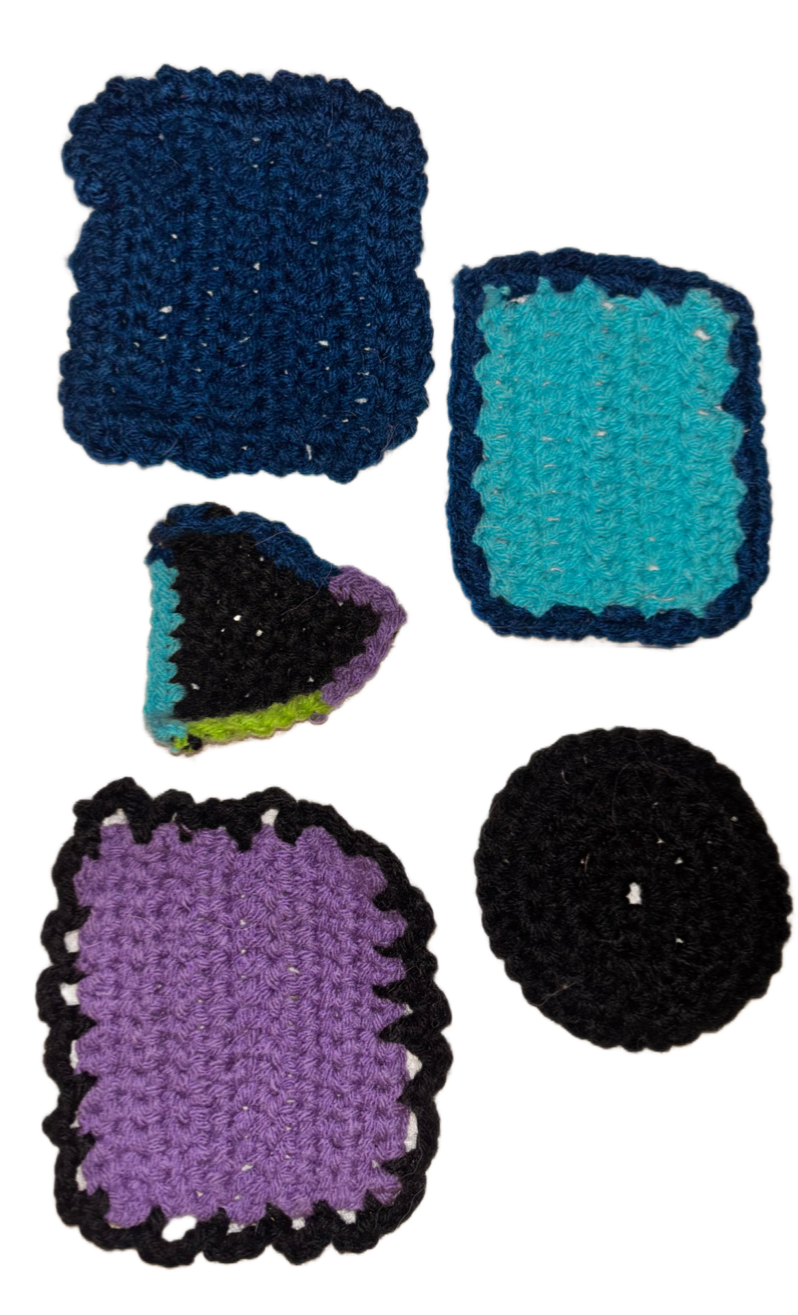 Six crocheted squares and circles in various colors and patterns, including blue, purple, black, and multicolored, arranged in a group.