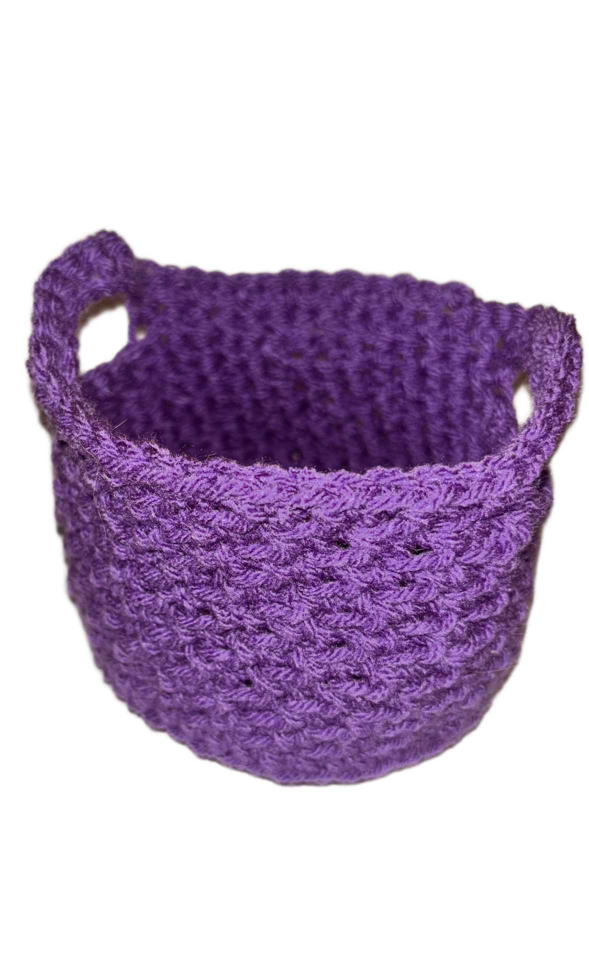 Purple crocheted or knitted cup holder with a loop handle.