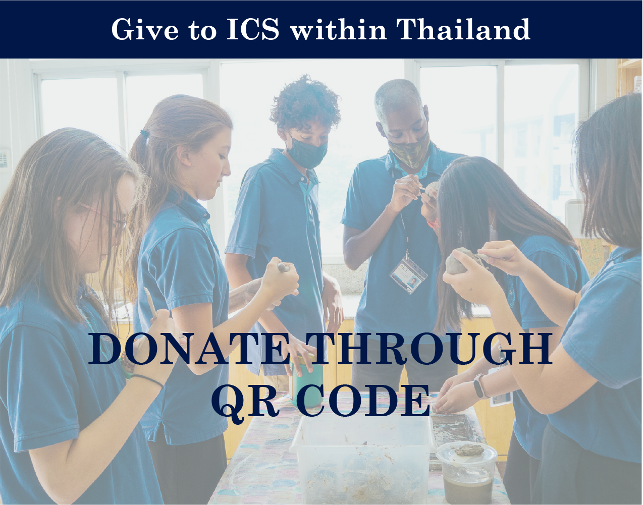 Group of children in blue uniforms making art projects, with text overlay promoting donations through QR code, in a classroom with large windows.