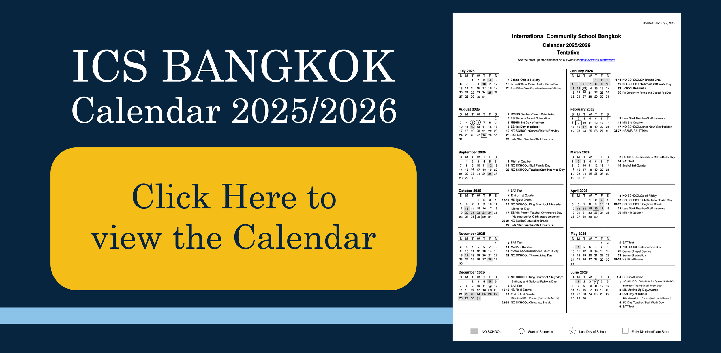 A digital calendar for the 2025/2026 academic year from International Community School Bangkok. The image highlights a yellow button with the text "Click Here to view the Calendar" on a blue background. Part of the calendar showing months from July 2025 to June 2026 is visible on the right side.