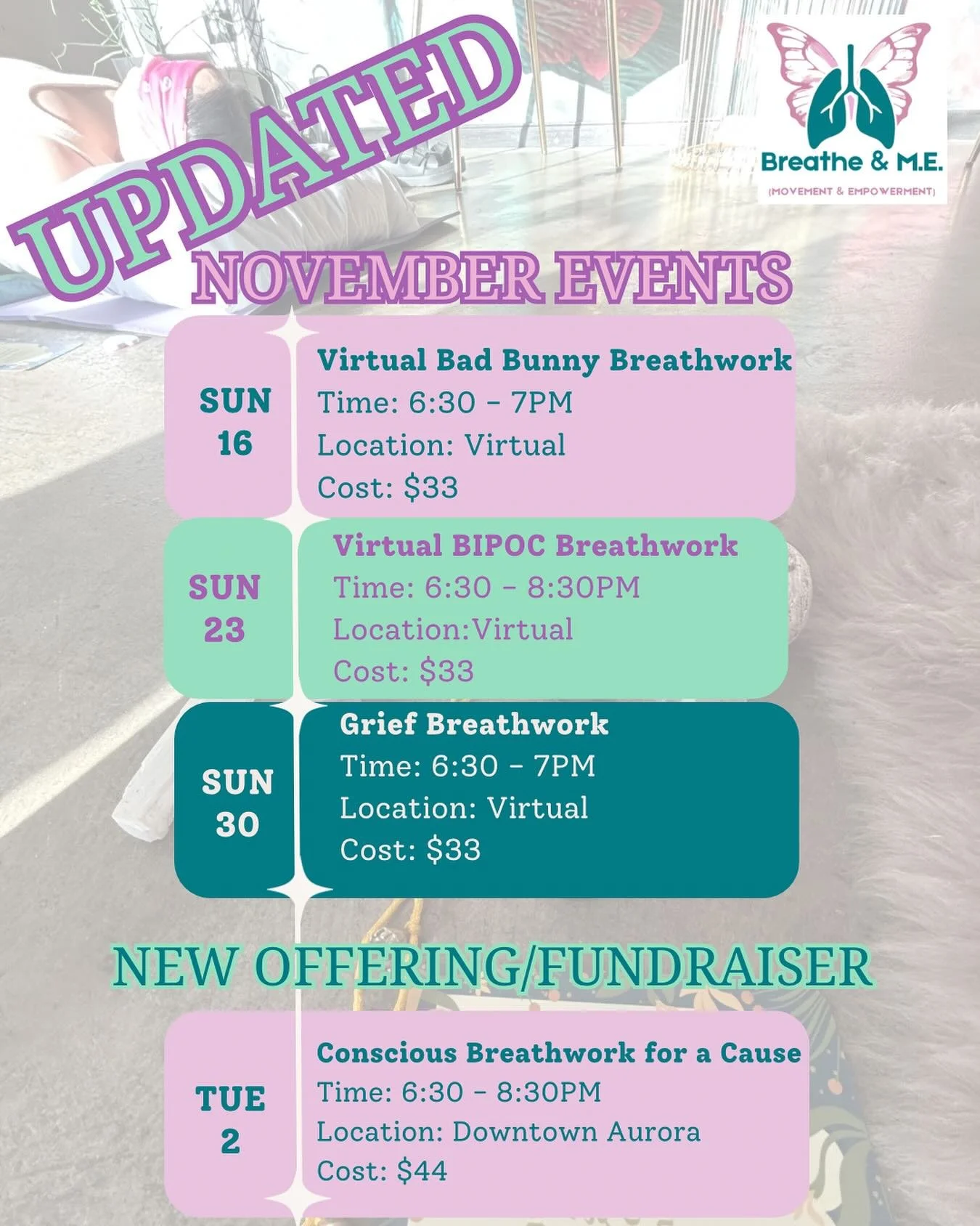 Update to November offerings. Indluding a new offering for December. There are three virtual breathwork sessions this month.  Breathwork for a Cause - this a new quarterly session that I will be hosting to give back to the community. Each quarter, pr