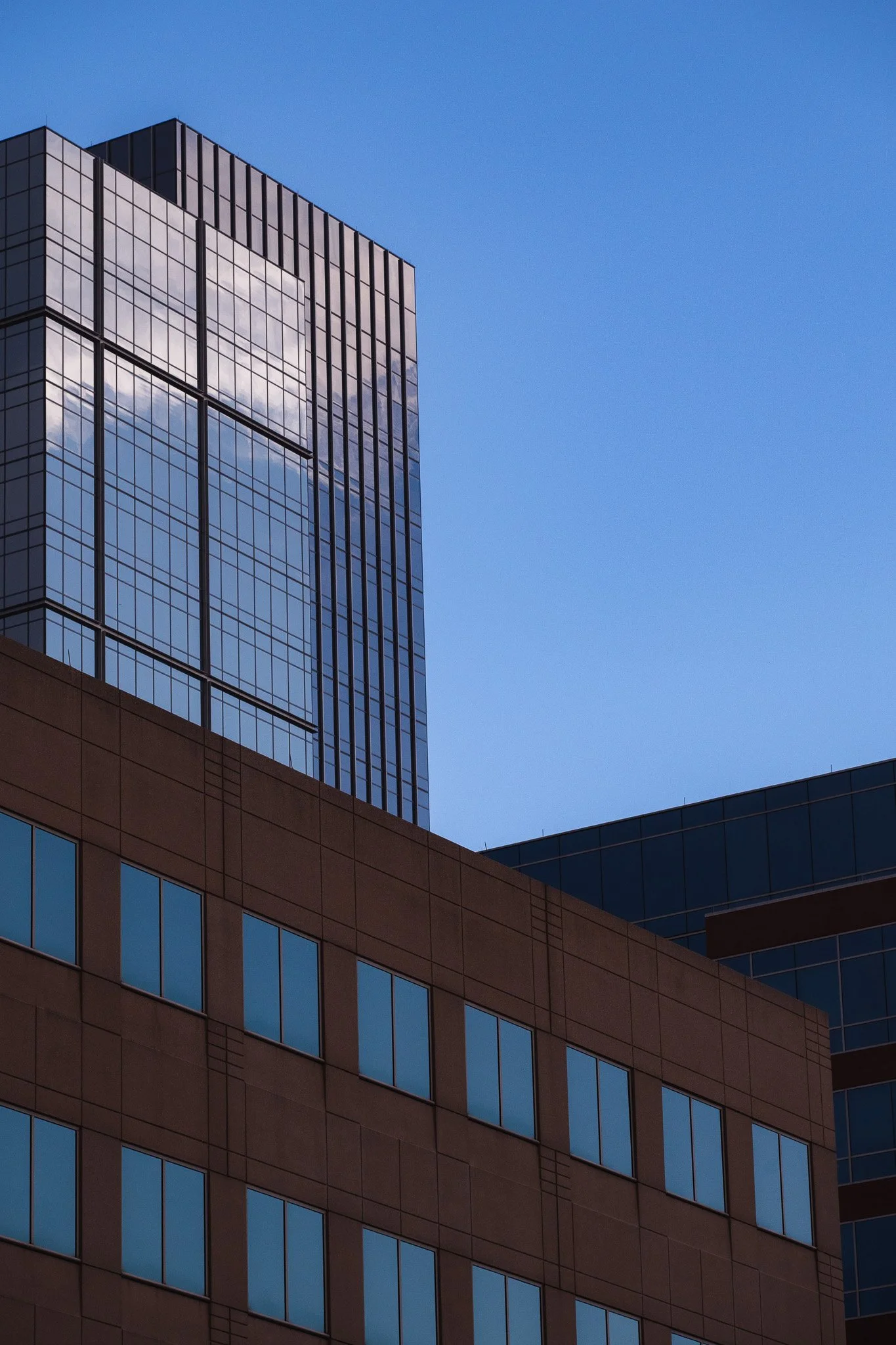 Modern glass office buildings with reflective windows against a clear blue sky