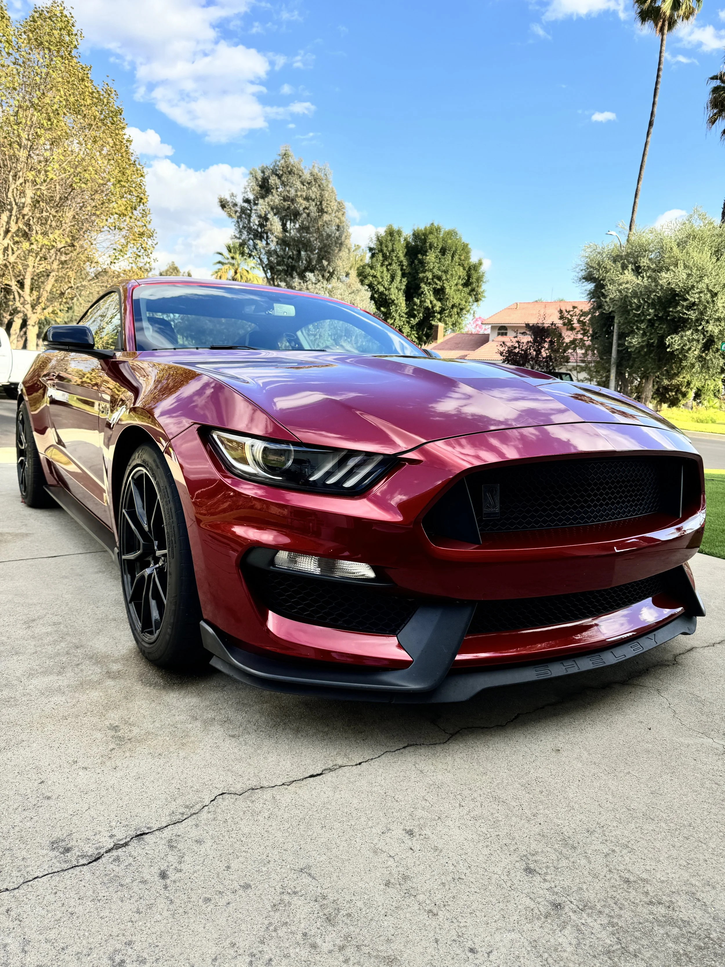 Ford Mustang parked on a driveway with trees and houses in the background under a partly cloudy sky.