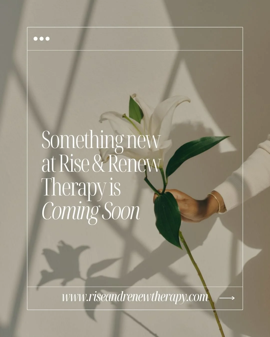 Something meaningful, coming soon.🌷

Thoughtfully designed. 
Rooted in intention.

Launching February 1st. 🗓️

✨ Connect with me:
📧 Email: julia@riseandrenewtherapy.ca
📱 Instagram: @riseandrenewtherapy
💻 Website: COMING SOON
🗓️ Booking Info: CO
