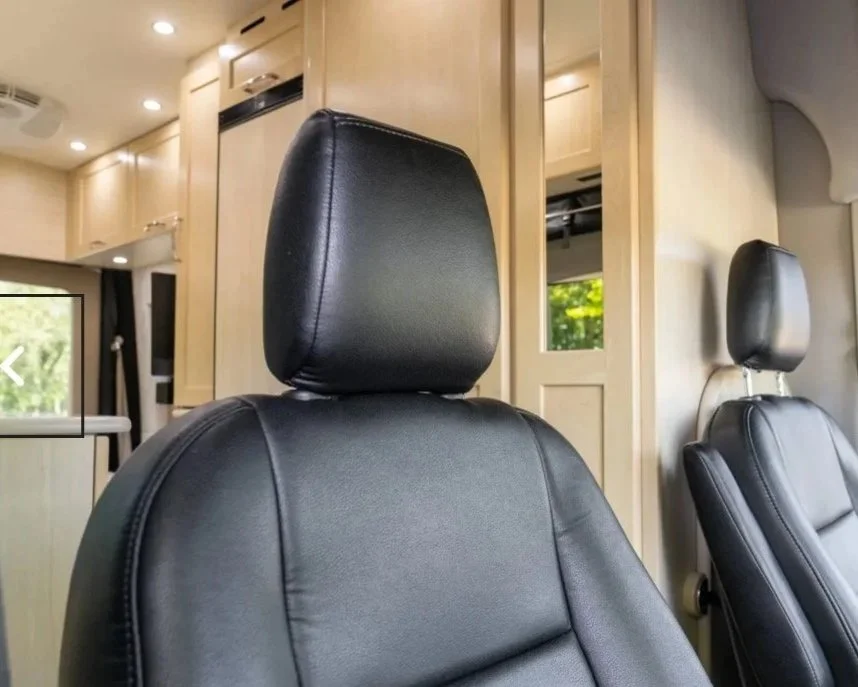 Interior of a vehicle with black leather seats and headrests, beige cabinetry, and a window showing green trees outside.