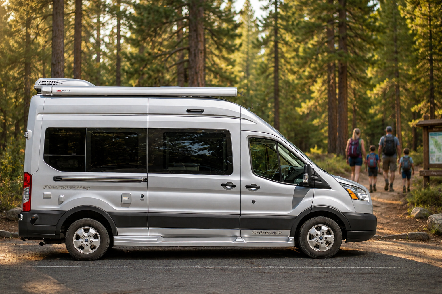 A gray camper van parked on the side of a forest road, with a family of four hiking on a trail in the background surrounded by tall trees.